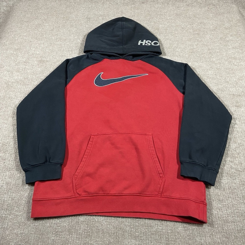 Vintage Nike Hoodie Sweatshirt Youth XL Red Black Center Swoosh Spellout Y2K